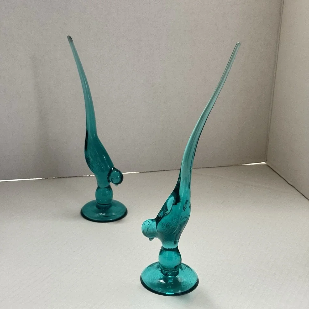 Lot Of 2 Vintage Long Tail Birds Turquoise Glass 9 3/4